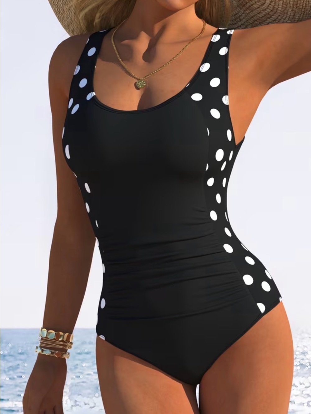 Classic Black Polka Dot One-Piece Swimsuit and White Sunscreen Beach Skirt